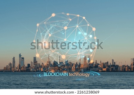 New York City skyline from New Jersey over Hudson River with Hudson Yards skyscrapers at sunset. Manhattan, Midtown. Decentralized economy. Blockchain, cryptography, cryptocurrency concept, hologram