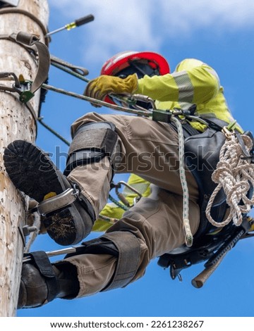 Worker Uses Climbing Equipment to Ascend Utility Pole Royalty-Free Stock Photo #2261238267