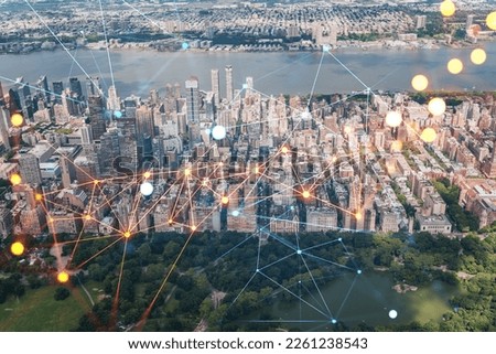 Aerial panoramic helicopter city view of Upper West Side Manhattan neighborhoods and Central Park, New York, USA. Social media hologram. Concept of networking and establishing new people connections