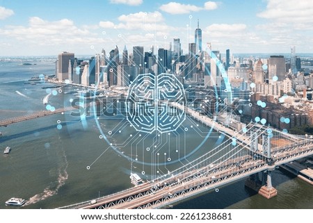 Aerial panoramic city view of Lower Manhattan. Brooklyn and Manhattan bridges over East River, New York, USA. Artificial Intelligence concept, hologram. AI, machine learning, neural network, robotics