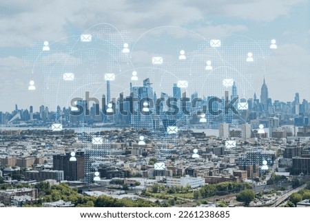 Aerial helicopter view of midtown New York City form Jersey City. Financial district and residential neighborhood. Social media hologram. Concept of networking and establishing new people connections