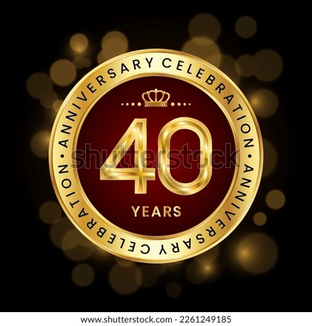40th Anniversary Celebration. logo design with golden number and ring for birthday celebration event, invitation, greeting card, banner, poster, flyer, brochure, book cover. Logo Vector Template