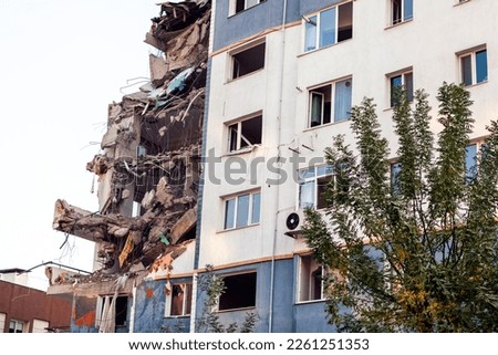 Collapsed building in earthquake. Earthquake on 30 October 2020 in The Aegean sea affected buildings in Izmir. Building damaged in Bayrakli, Izmir, Turkey. Royalty-Free Stock Photo #2261251353