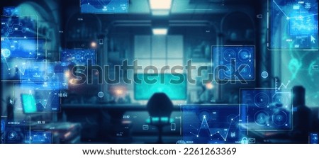 Futuristic interior and digital data concept. Wide angle visual for banners or advertisements.