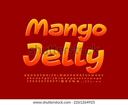 Vector sweet sign Mango Jelly with glossy candy Font. Bright creative Alphabet Letters, Numbers and Symbols set
