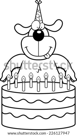 A cartoon illustration of a dog with a birthday cake.