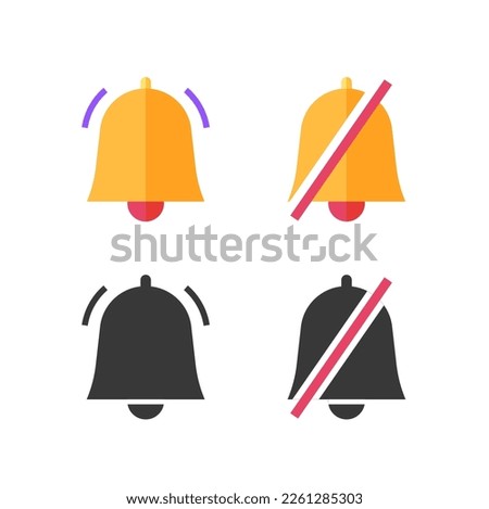 Mute sound on icon or turn off notice notifications bell alerts vector, silence mode graphic for app software ui, alarm audio noise button flat and black white pictogram clipart image