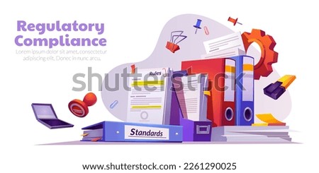 Regulatory compliance, business policies and company rules. Legal guidelines and standards banner with paper documents and folders, vector cartoon illustration Royalty-Free Stock Photo #2261290025