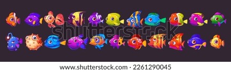 Cartoon set of cute sea fish isolated on dark background. Vector illustration of ocean or marine underwater animal characters with funny big eyes and smiles. Colorful tropical coral reef inhabitants Royalty-Free Stock Photo #2261290045