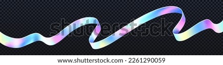 Holographic iridescent ribbon flying in air, pearlescent rainbow or unicorn blur tape, realistic vector isolated illustration. flowing wawy neon strip falling down