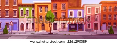 Cartoon city street with nice houses and cafe. Vector illustration of town neighborhood, residential district. Brick buildings facade with windows and doors, empty sidewalk and road on sunny morning Royalty-Free Stock Photo #2261290089