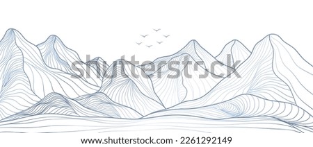 Hand drawn style of creative minimalist modern line art print. Abstract mountain contemporary aesthetic backgrounds landscapes. with mountain, flying bird, ocean wave. vector illustrations
