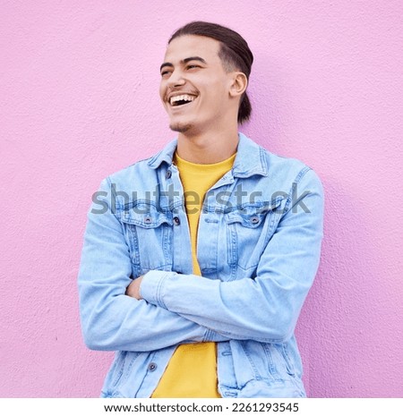 Student man, arms crossed and fashion by background with smile, happiness and profile with vision. Young gen z guy, excited and happy for future with goals, motivation and edgy clothes by pink wall Royalty-Free Stock Photo #2261293545