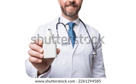 nasal medication. doctor hold nasal drop. man with nasal spray. selective focus