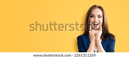Dental dent health care concept picture - happy excited beautiful woman in casual cloth show white toothy smile. Portrait of optimistic girl, isolate orange yellow background. Wide banner copy space.