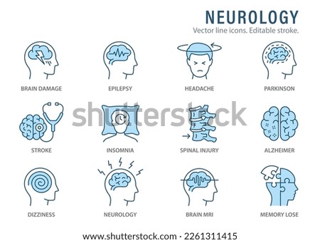 Neurology icons, such as Alzheimer's disease, spinal injury, insomnia, memory impairment and more. Editable stroke Royalty-Free Stock Photo #2261311415