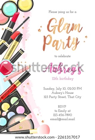 Glam birthday party invitation template. Beautiful background of colorful makeup products and golden stars. Vector illustration 10 EPS. Royalty-Free Stock Photo #2261317017