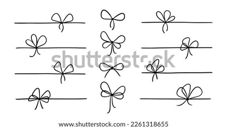 Bow gift ribbon line simple element set. Hand drawn doodle stroke ribbon bow. Elegant minimal line stroke style. Vector illustration