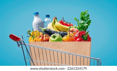 Supermarket shopping cart full of groceries, sale and retail concept, copy space Royalty-Free Stock Photo #2261324179