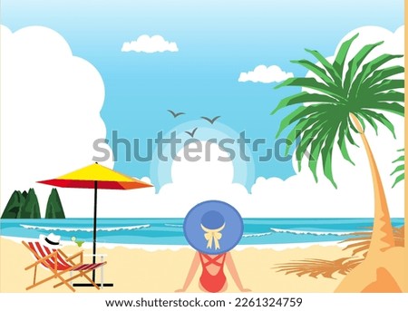 Summer beach scene. Two women in the beach enjoying. Beautiful summer beach holidays scenery
