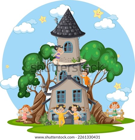 Fairytale tower decorated with tree illustration