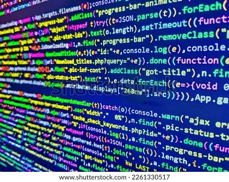 Code on dark background. Programming code background. Hi-tech modern screen of data, digits and chars on monitor display. Abstract computer script code on screen. Website and application development