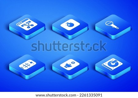 Set Vinyl player with vinyl disk, Video recorder or editor, Speaker volume, Selfie on mobile, Stopwatch and Microphone icon. Vector