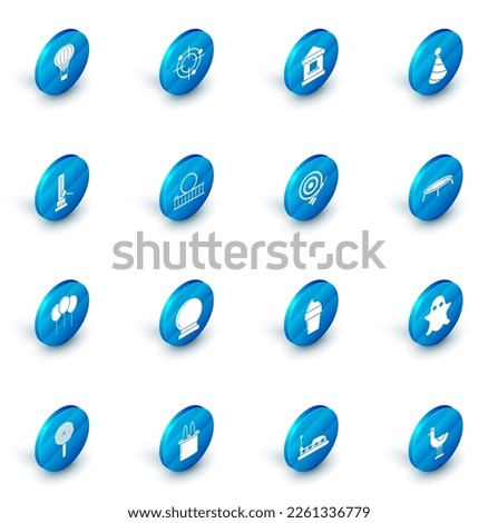 Set Target sport for shooting competition, Party hat, High striker attraction with big hammer, Balloons ribbon, Roller coaster, Jumping trampoline and Classic dart board and arrow icon. Vector Royalty-Free Stock Photo #2261336779