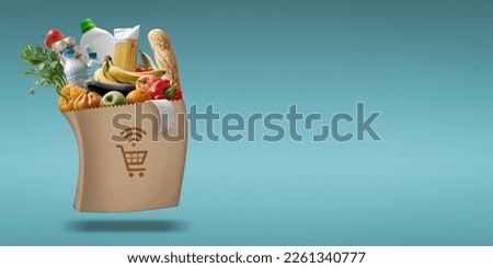 Quick automated grocery bag delivering groceries, online grocery shopping concept Royalty-Free Stock Photo #2261340777