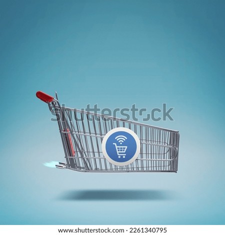 Fast rocket-propelled shopping cart, online grocery shopping and express delivery concept