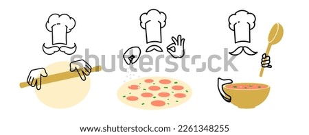 A set of illustrations on the theme of a male chef in the kitchen. Minimalistic vector flat illustration.