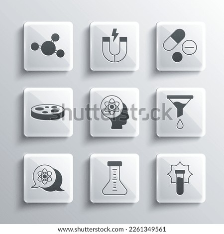 Set Test tube, Explosion in the flask, Funnel or filter, Atom, Petri dish with bacteria, Molecule and Medicine pill tablet icon. Vector