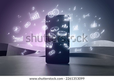 Close up of cellphone on desk with creative financial business sketch on blurry background. Infographic, money, success and growth concept. Double exposure