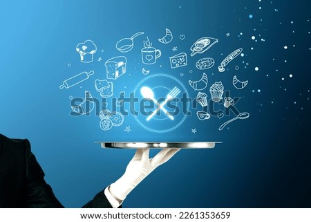Food delivery and online cooking courses concept with digital white fork and spoon on a plate surrounded by icons above human hand with metallic tray on abstract dark blue background