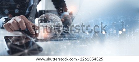 Global business, digital technology, social media marketing concept. Business man using digital tablet computer with global internet connection and smart city, business intelligence, data science