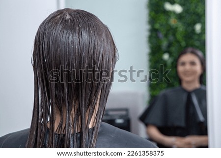 Hairdresser applies a hair mask to straight black hair. 
Hair care at the beauty salon