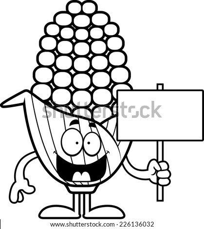A cartoon illustration of an ear of corn holding a sign.