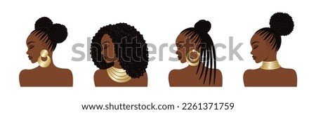African American women with different hairstyles and gold jewelry on a white background. Female portrait in profile, side view. Cute dark-skinned girl with black hair, earring and necklace. Vector set Royalty-Free Stock Photo #2261371759