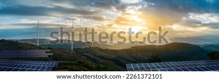 solar cell plant and wind generators under blue sky on sunset.Powerplant with photovoltaic panels and eolic turbine.
clean energy, sustainable, Eco,earth day,green energy,love nature,eco energy concept. Royalty-Free Stock Photo #2261372101