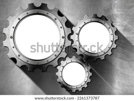 Group of three empty metal gears (cogwheels) on stainless metal background with copy space and shadows. 3D illustration.