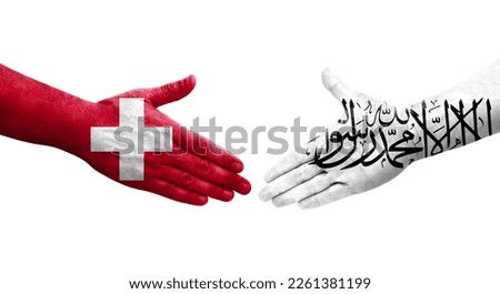 Handshake between Switzerland and Afghanistan flags painted on hands, isolated transparent image.