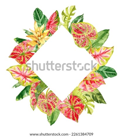 Watercolor hand drawn rainforest tropical leaves bouquet frame template. Botanical illustration card isolated on white background. Hand painted watercolor floral clip art
