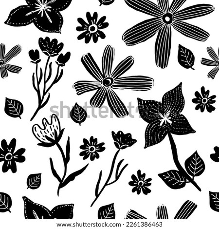 Floral seamless pattern with silhouettes flowers chamomile, aster, rose and exotic leaves. Black and white hand drawn botanical background. Monochrome botanical wallpaper with simple plants