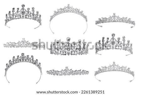 Collage of beautiful silver tiaras with diamonds on white background Royalty-Free Stock Photo #2261389251