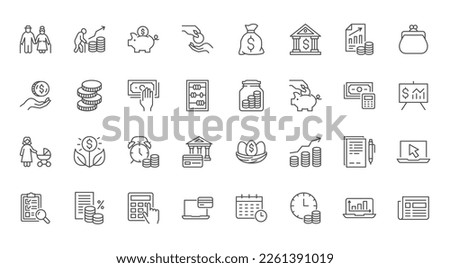 Pension savings line icons set. Retire plan, budget, senior money, bank deposit, investment fund, piggy bank, retirement payment vector illustration. Outline signs about finance. Editable Stroke Royalty-Free Stock Photo #2261391019