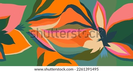 Modern tropical floral pattern. Colorful abstract contemporary seamless pattern. Hand drawn unique print. Royalty-Free Stock Photo #2261391495