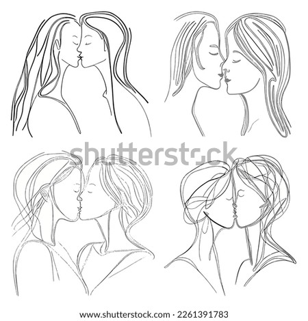 set vector illustration of two women kissing line draw.