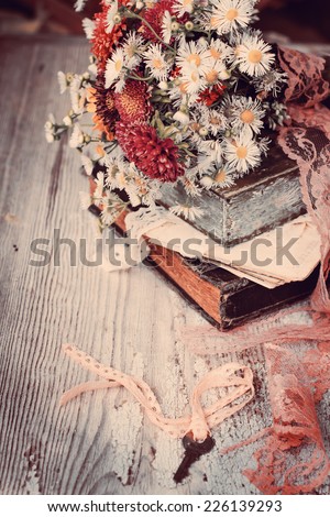 Vintage Albums with Photos of Memories,flowers,lettres and key/ toned image nostalgic vintage background