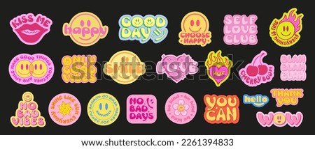 Cool Trendy Smile Stickers Pack. Set Of Groovy Patches Vector Design.. Pop Art Badges. Royalty-Free Stock Photo #2261394833