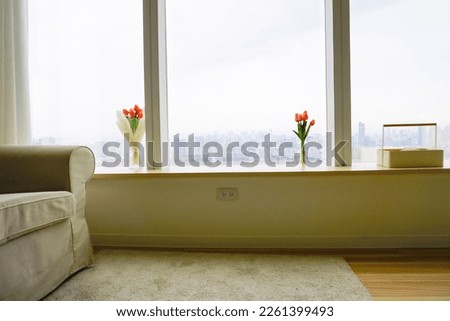 Couch flowers by the window - rug, picnic basket, roses, window, sky